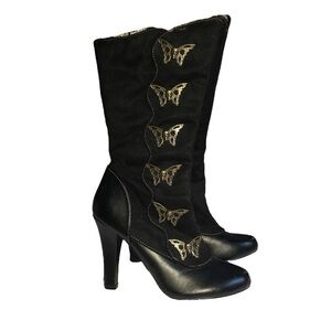 Demonia Black Heeled Boots with Gold Butterfly Accents